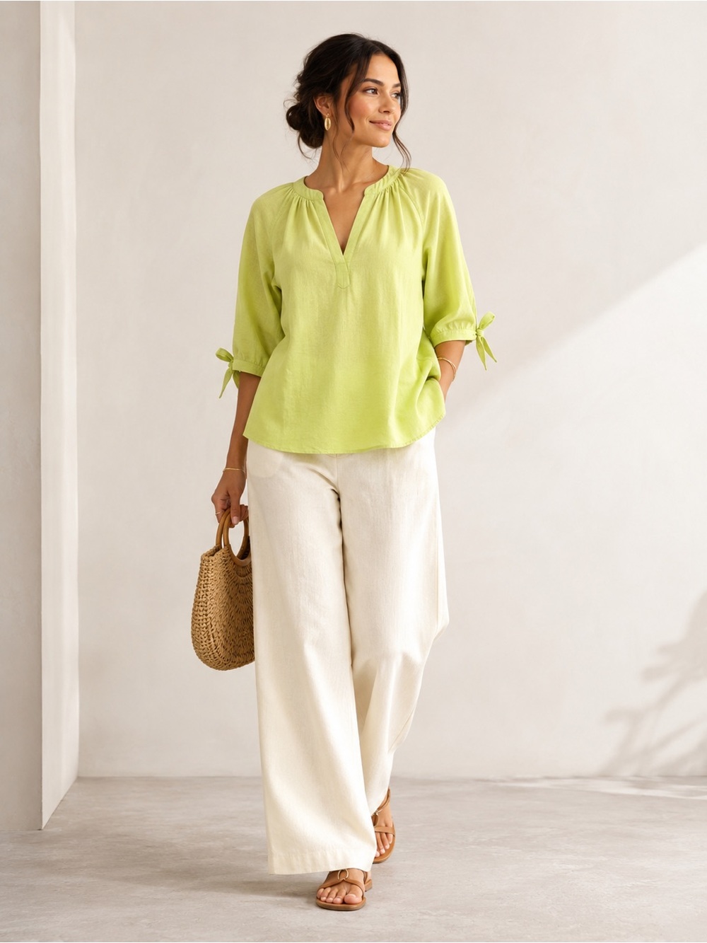 Jones New York Women's Linen Blend Split Neck Top Lime Green Size XL - Picture 4 of 11